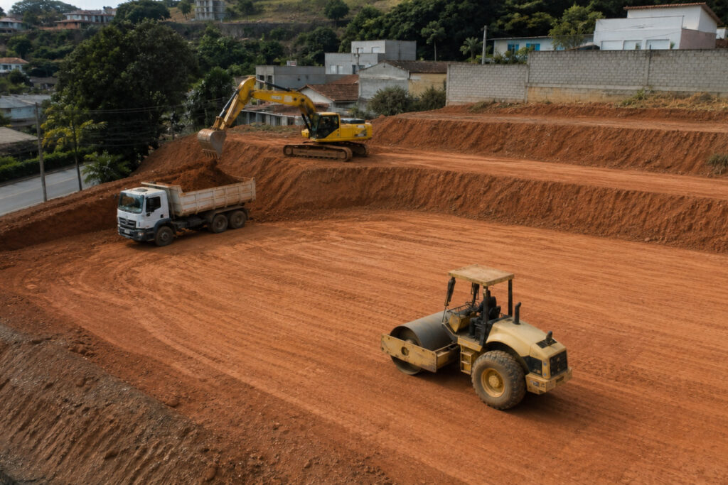 A terraplenagem é uma etapa fundamental em qualquer obra, responsável por preparar o terreno para garantir segurança, estabilidade e durabilidade da construção. Sem ela, o solo pode ceder, afundar ou gerar problemas estruturais graves ao longo dos anos. Antes de iniciar uma obra, nivelar e adequar o solo é indispensável. Contar com uma empresa especializada faz toda a diferença no resultado final. Neste guia, você vai entender o que é terraplenagem, suas etapas, custos e como contratar o serviço corretamente. O que é terraplenagem A terraplenagem é o processo de movimentação de terra para deixar o terreno nivelado ou conforme o projeto da obra. Em outras palavras, é o conjunto de operações que transforma um terreno bruto em uma base adequada para receber fundações, pavimentações e outras estruturas. Conforme o Caderno de Encargos da Prefeitura de Belo Horizonte, a terraplenagem compreende o conjunto de atividades de escavação, carga, transporte, descarga e compactação de terras, destinado à conformação do terreno conforme os gabaritos propostos nos projetos da obra. As operações são normatizadas pelas Especificações de Serviços do DNIT. O termo terraplanagem também é amplamente utilizado e, na prática, ambos possuem o mesmo significado. No entanto, "terraplenagem" é a forma mais técnica e recomendada na engenharia civil brasileira. Para entender melhor essa diferença, veja nosso conteúdo sobre diferença entre terraplenagem e terraplanagem. Diferença entre terraplenagem, aterro e desaterro É comum confundir esses conceitos, mas cada um tem uma função específica dentro da obra. Entender a diferença ajuda a contratar o serviço correto e evitar custos desnecessários. Conceito O que é Quando é usado Terraplenagem Conjunto completo de serviços para preparar e nivelar o terreno Em toda obra que exige adequação do solo Aterro Adição de terra para elevar o nível do solo Quando o terreno precisa ser elevado Desaterro (corte) Retirada de terra para reduzir o nível Quando o terreno precisa ser rebaixado Todos esses processos fazem parte da terraplenagem. Em muitas obras, aterro e desaterro são executados juntos: a terra retirada de uma área mais alta é usada para elevar uma área mais baixa, otimizando o custo do serviço. Para saber mais sobre o aterro de terreno especificamente, veja nosso guia sobre aterro de terreno: tudo o que você precisa saber. Etapas da terraplenagem A execução do serviço segue etapas bem definidas para garantir um resultado seguro e eficiente. Pular ou executar mal qualquer etapa compromete a estabilidade da obra. Limpeza do terreno: remoção de vegetação, entulho, tocos de árvore e obstáculos que possam interferir na movimentação de terra e nos equipamentos Levantamento topográfico: medição do terreno para definir os volumes de corte e aterro necessários e orientar a equipe durante a execução Corte (desaterro): escavação e retirada de terra nas áreas onde o nível precisa ser reduzido, conforme o projeto Aterro: lançamento e distribuição de terra nas áreas que precisam ser elevadas, em camadas controladas Compactação: o passo mais crítico. Conforme a Norma DNIT 108/2009-ES, a compactação deve ser executada em camadas e controlada por ensaios de grau de compactação e umidade, garantindo que o solo atinja a resistência exigida pelo projeto Regularização final: acabamento da superfície para receber fundações, pavimentações ou outras estruturas previstas Fatores que influenciam o custo da terraplenagem O valor da terraplenagem varia conforme as características específicas de cada obra. Não existe preço fixo — cada projeto precisa ser analisado individualmente. Os principais fatores que influenciam o custo são: Tipo de solo: terrenos rochosos ou muito argilosos exigem equipamentos mais pesados e maior tempo de execução Volume de terra a movimentar: quanto maior o volume de corte ou aterro, maior o custo total do serviço Acesso ao terreno: locais de difícil acesso para caminhões e máquinas encarecem a logística Distância de bota-fora: quando a terra retirada precisa ser descartada em local licenciado, o transporte impacta diretamente no orçamento Necessidade de equipamentos específicos: escavadeiras, tratores, caminhões basculantes e compactadores têm custos distintos conforme o tipo de obra Grau de compactação exigido: obras que exigem maior controle técnico de compactação demandam mais ensaios e mais tempo de execução Para uma visão completa dos custos por etapa da obra, veja nosso guia sobre estimativa de custo para cada etapa da obra. Estimativa de preço de terraplenagem por m³ O custo da terraplenagem por metro cúbico varia conforme a região, o tipo de solo e a complexidade do serviço. Em média, o valor fica entre R$ 20 e R$ 60 por m³ para obras residenciais convencionais. Serviços com solo rochoso, acesso difícil ou grande volume podem ultrapassar esse intervalo. Para calcular o volume de terra a movimentar, use a fórmula básica: Volume = comprimento × largura × altura do corte ou aterro Acrescente sempre uma margem de 10% a 15% para compensar variações no terreno e perdas durante o transporte. Para uma estimativa mais precisa do custo específico do serviço, veja nosso guia sobre quanto custa terraplenagem. Como contratar um serviço de terraplenagem A escolha da empresa certa é tão importante quanto a execução do serviço. Alguns pontos são indispensáveis antes de assinar qualquer contrato: Experiência comprovada: peça referências de obras anteriores e verifique se a empresa tem histórico em projetos similares ao seu Equipamentos adequados: a empresa deve ter ou ter acesso a escavadeiras, tratores e compactadores compatíveis com o volume e o tipo de solo da sua obra Responsável técnico: conforme a orientação técnica da Secretaria de Habitação de São Paulo, o projeto de terraplenagem deve ter autoria e ART/RRT assinadas por profissional habilitado. Verifique se a empresa opera com responsável técnico registrado no CREA Prazo de execução: atrasos na terraplenagem atrasam todas as etapas seguintes da obra Destino do material retirado: a terra e os resíduos devem ter destinação ambientalmente adequada, com documentação do bota-fora Orçamento detalhado: exija especificação do volume, do tipo de serviço, dos equipamentos e do prazo. Não aceite orçamentos genéricos. Como o Chico D'Areia atende em Pará de Minas e região Com forte atuação em Pará de Minas e cidades vizinhas, a Chico D'Areia atende obras residenciais, comerciais e industriais com agilidade e experiência de mais de 30 anos no setor. Além da terraplenagem, a Chico D'Areia fornece areia, brita, pedra e terra para aterro, garantindo praticidade em todas as etapas da obra. Para entender como escolher a terra certa para aterro, veja nosso guia sobre terra para aterro: como escolher e quanto rende. FAQ: dúvidas frequentes sobre terraplenagem Preciso de projeto para fazer terraplenagem? Para obras residenciais simples, um levantamento topográfico e orientação técnica já são suficientes. Para obras de maior porte ou em áreas com risco geotécnico, um projeto formal com ART é obrigatório. Consulte sempre um profissional habilitado antes de iniciar. Quanto tempo leva uma terraplenagem? O prazo depende do volume de terra, do tipo de solo e do acesso ao terreno. Obras residenciais simples podem ser concluídas em 1 a 3 dias. Terrenos maiores ou com solo difícil podem levar semanas. Solicite sempre um cronograma detalhado antes de contratar. Terraplanagem e terraplenagem são a mesma coisa? Sim, na prática. "Terraplenagem" é o termo técnico usado na engenharia civil e nas normas brasileiras. "Terraplanagem" é a variação popular mais utilizada no dia a dia. Ambos se referem ao mesmo conjunto de serviços de movimentação e preparação do solo. Depois da terraplenagem, o que vem a seguir? Após a terraplenagem, o terreno está preparado para receber fundações, muros e pavimentações conforme o projeto. Para terrenos com estradas de acesso, veja nosso guia sobre como preparar o terreno para construção. Solicite sua terraplenagem agora mesmo Se você precisa de um serviço confiável e eficiente, conte com a Chico D'Areia. Entre em contato e fale diretamente com a equipe via WhatsApp para receber um orçamento rápido e personalizado.