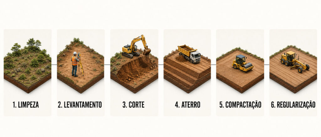 Etapas da terraplenagem: limpeza, levantamento, corte, aterro, compactação e regularização