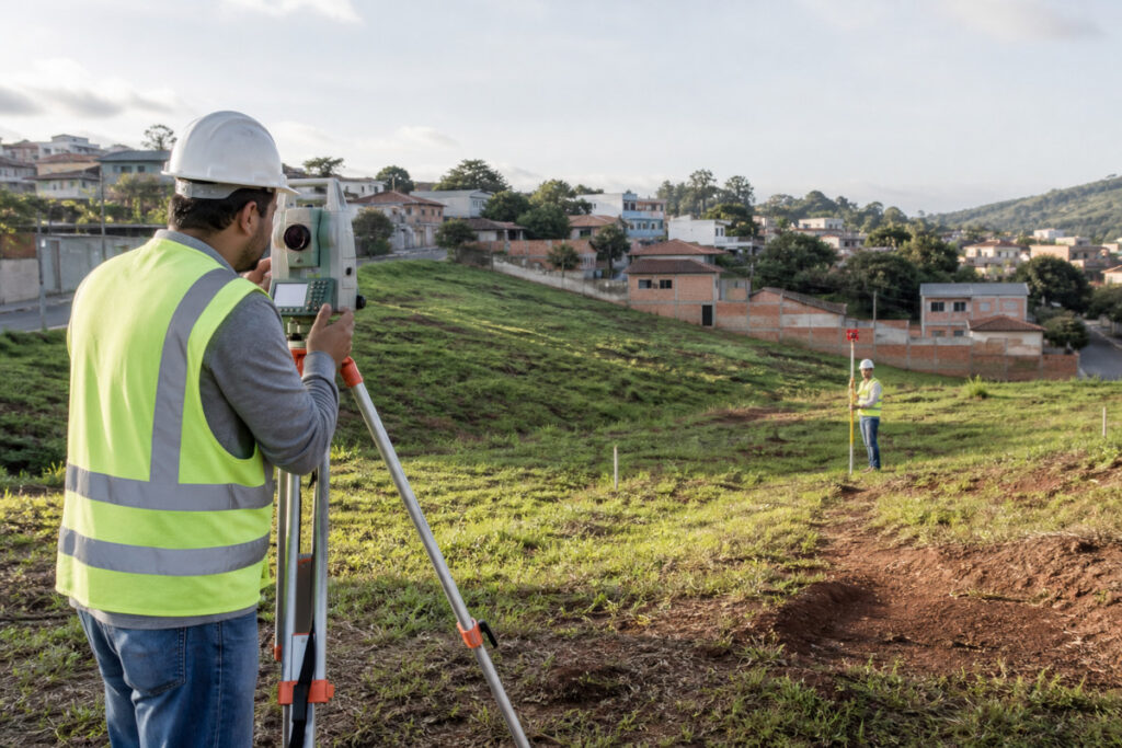 Técnicos realizam levantamento topográfico em terreno inclinado antes da terraplenagem.