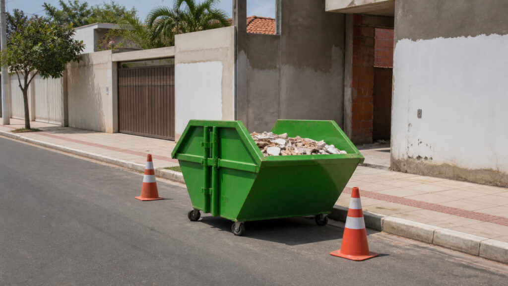 Caçamba verde sinalizada com cones e posicionada sem bloquear a calçada