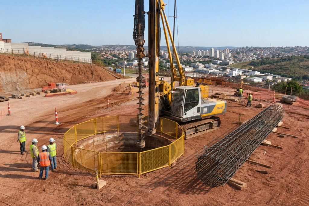 Perfuratriz executa fundação profunda em canteiro de obras com solo avermelhado.