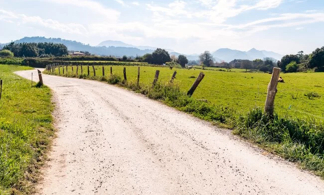 Estrada rural cascalhada em bom estado de conservação, com pastagem verde e cerca lateral