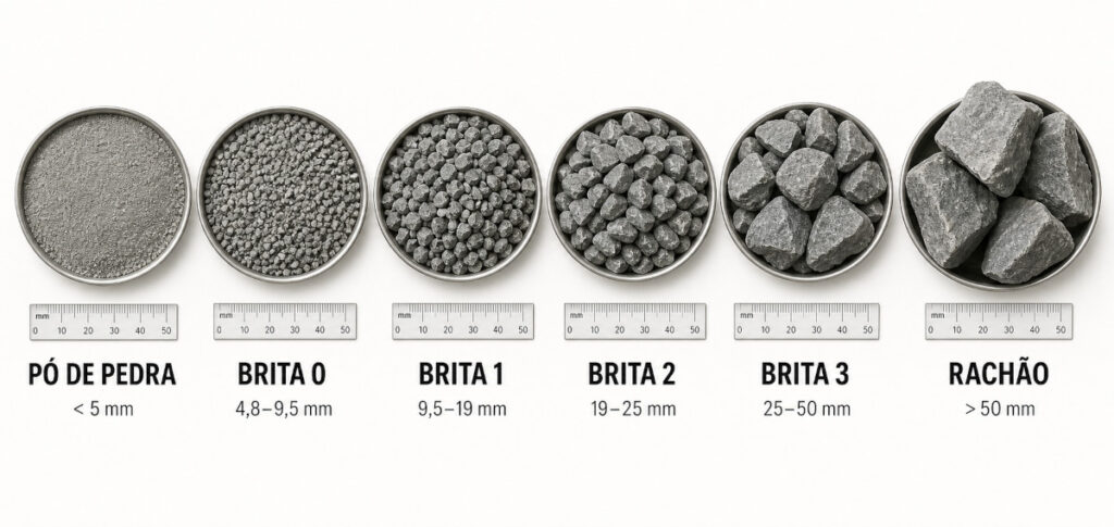 Comparação da granulometria do pó de pedra, britas 0, 1, 2 e 3 e rachão