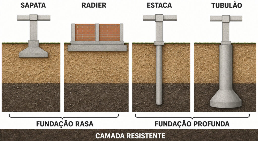 Comparação em corte entre sapata, radier, estaca e tubulão com base alargada.