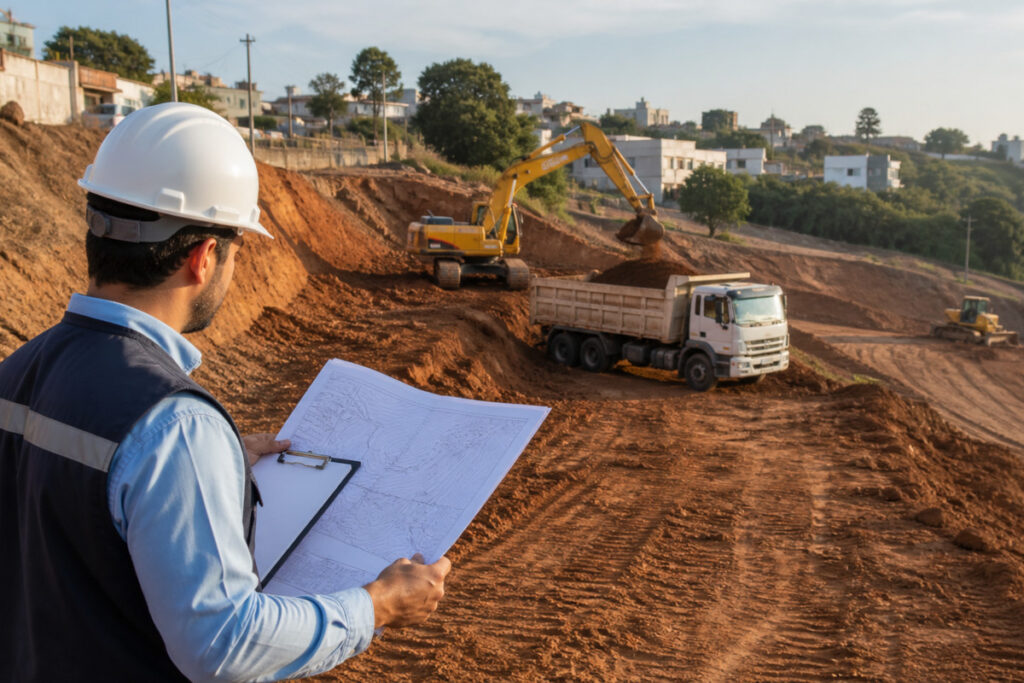 Engenheiro avalia terreno enquanto máquinas executam serviço de terraplenagem.