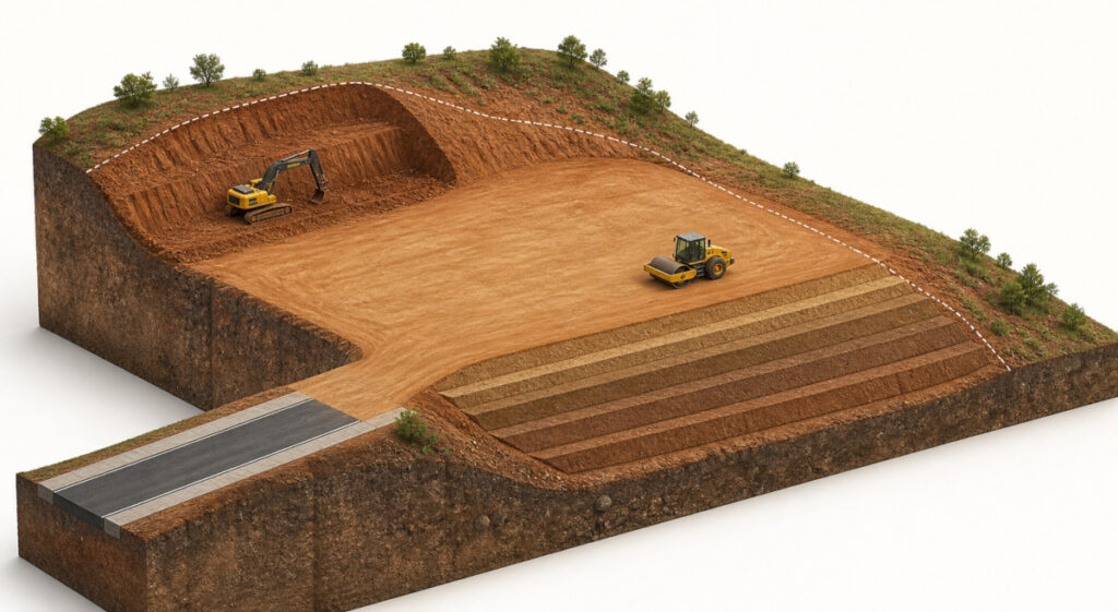 Corte técnico mostra escavação, aterro em camadas e nivelamento de terreno inclinado