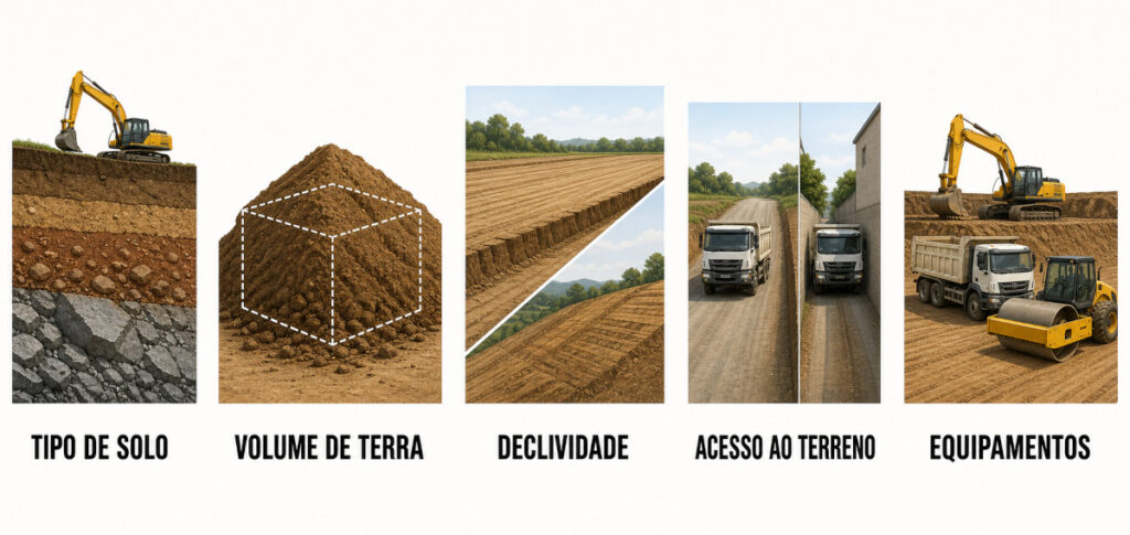 Fatores que influenciam o preço da terraplenagem: solo, volume, declividade, acesso e equipamentos.