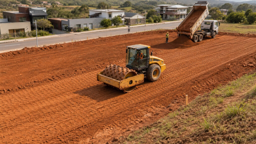 Rolo compactador e caminhão caçamba executam aterro em terreno residencial