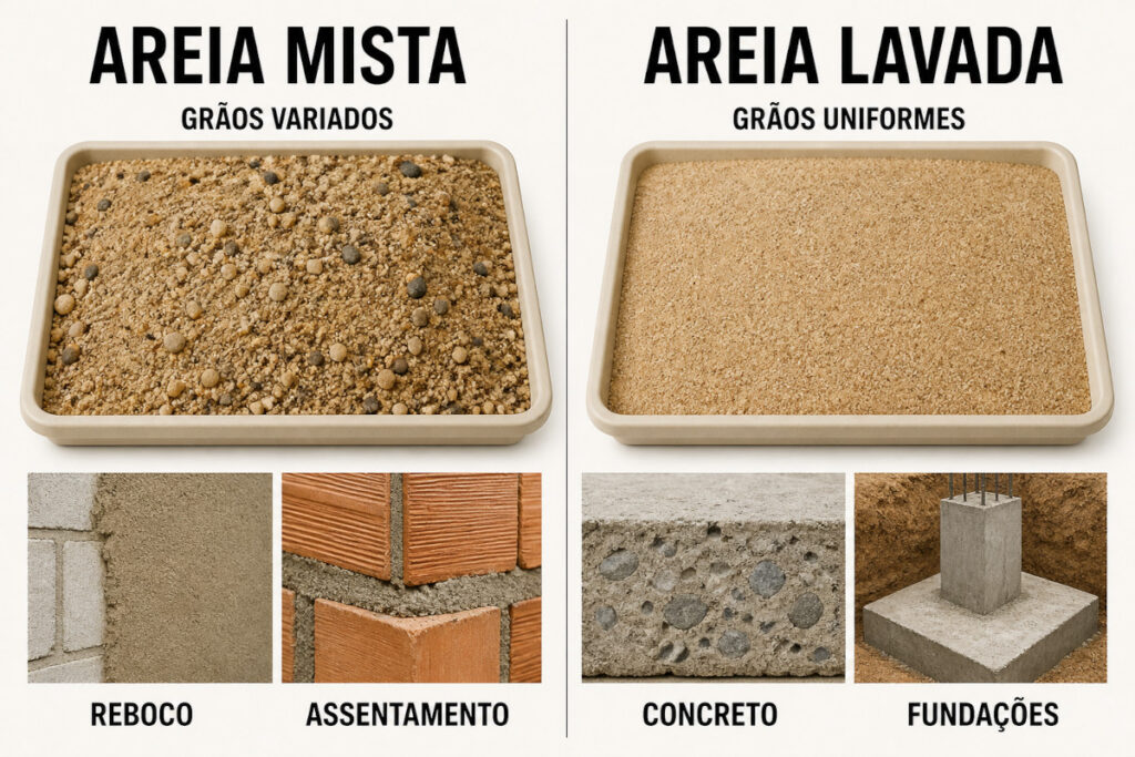 Comparação entre areia mista para reboco e assentamento e areia lavada para concreto e fundações