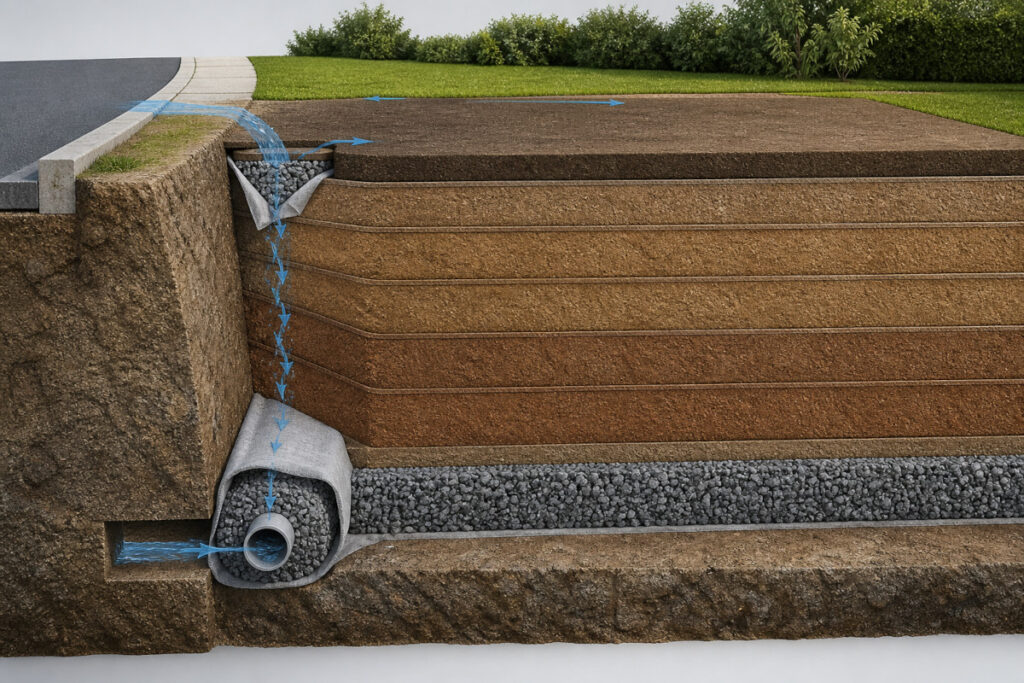 Corte de aterro com camadas compactadas, brita, manta geotêxtil e tubo de drenagem