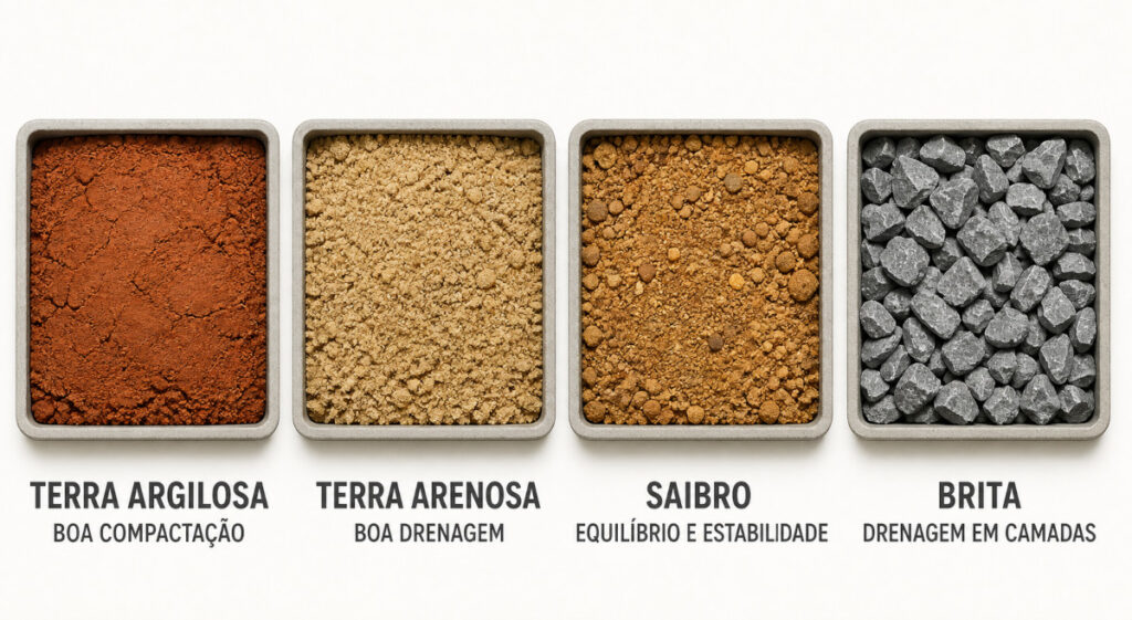 Comparação entre terra argilosa, terra arenosa, saibro e brita para aterro