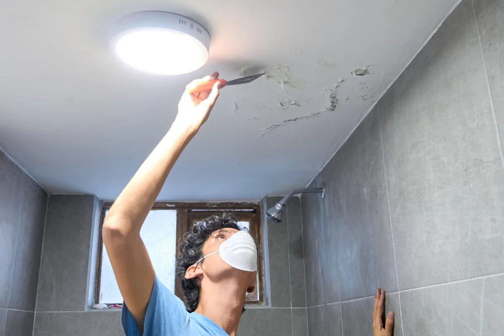 Pessoa com máscara raspando pintura descascada em teto de banheiro com infiltração