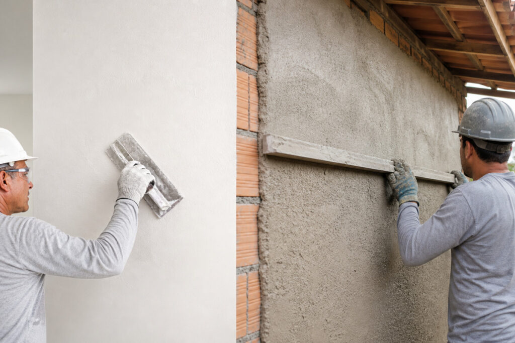 Profissionais aplicam gesso em parede interna e reboco em parede externa