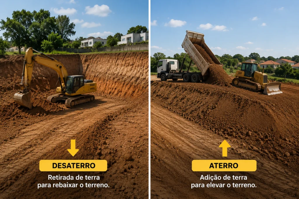 Comparativo visual entre desaterro (escavadeira rebaixando terreno) e aterro (caminhão despejando terra para elevar o solo)