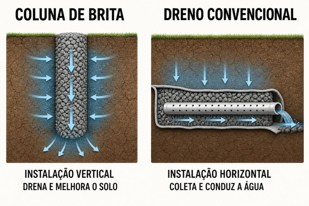 Comparação entre coluna de brita vertical e dreno convencional horizontal