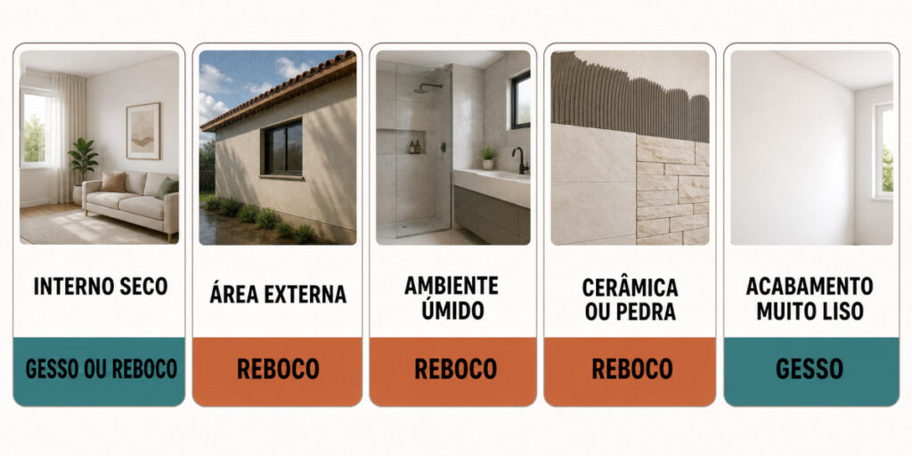 Indicação de gesso ou reboco conforme o ambiente e o acabamento da parede