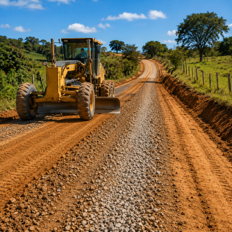 Estrada de terra rural com pista abaulada e drenagem lateral após manutenção