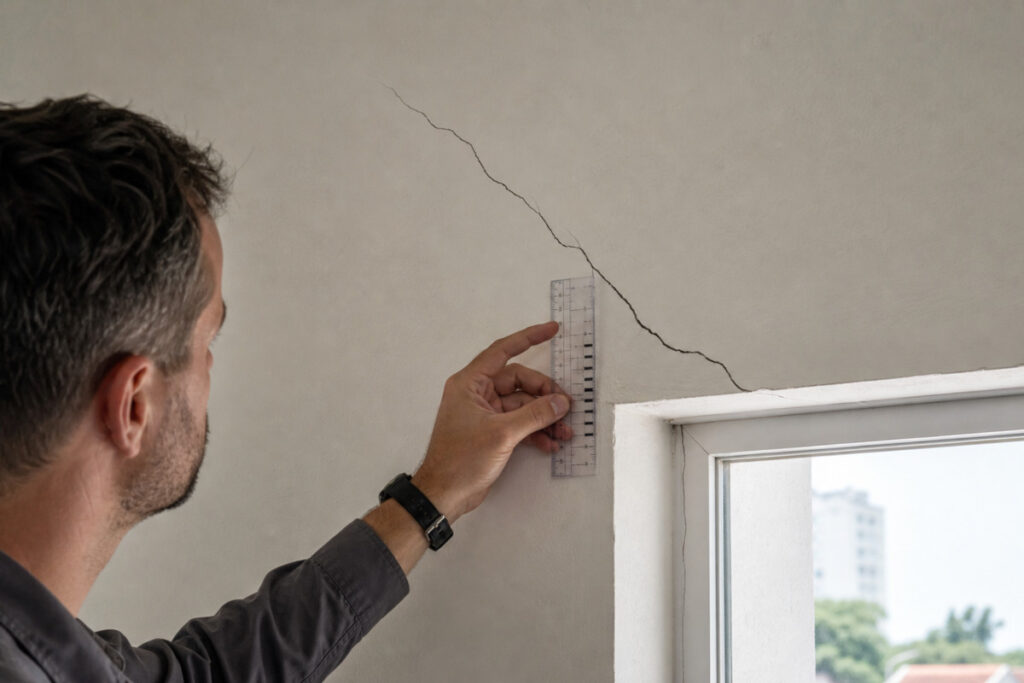 Profissional mede rachadura diagonal próxima ao canto de uma janela