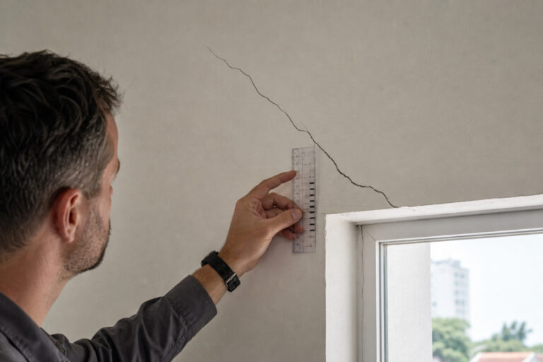 Profissional mede rachadura diagonal próxima ao canto de uma janela