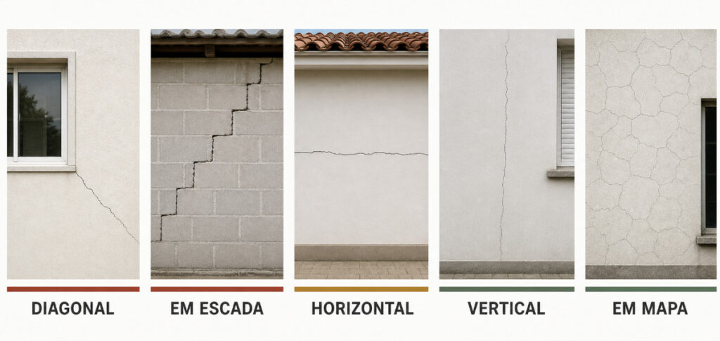 Comparação visual de rachaduras diagonal, em escada, horizontal, vertical e em mapa.